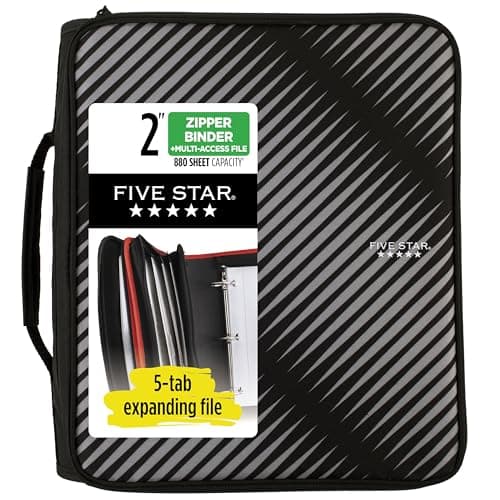Five Star Zipper Binder, 2 Inch 3-Ring Binder with Round Rings, 5-Tab Expanding File, 380 Sheet Capacity, Black (72536)
