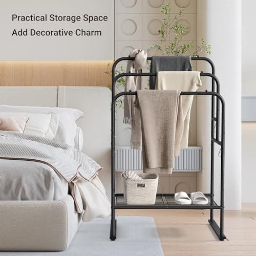 ELYKEN 40'' Tall Standing Towel Racks, 3 Tier Towel Drying Rack Outdoor, Pool Towel Stand Blanket Holder with Shelf & 4 Removable Hooks, Metal Freestanding Towel Racks for Bathroom, Matte Black 7