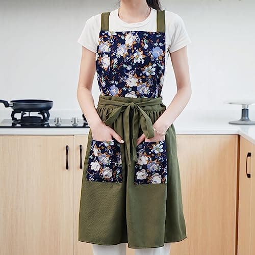 Pinknoke Vintage Pinafore Apron Dress for Women with Pockets Cute Floral Chef Aprons for Kitchen Cooking Baking Gardening (Olive Green) 8