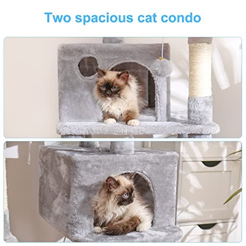 Hey-brother Multi-Level Cat Tree Condo Furniture with Sisal-Covered Scratching Posts, 2 Plush Condos, Perch Hammock for Kittens, Cats and Pets, Light Gray MPJ020-SW 5