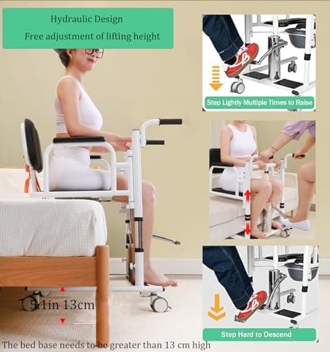 GouwiePuzz Patient Transfer Lift Chair, 4-in-1 Wheelchair with Bedpan, 330 lbs Capacity, Hydraulic Transport Chair for Elderly (Blue) 5