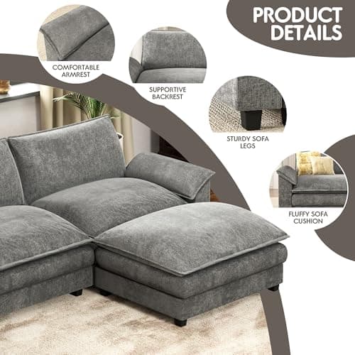 Homall 119" Modular Sectional Sofa, L Shaped Sofa Couch with Reversible Ottoman, DIY Combination Chenille Deep 3-Seat Cloud Couch for Living Room, Apartment (Light Grey, L Shaped Sofa) 5