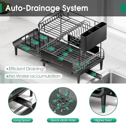 Urackify Dish Drying Rack for Kitchen Counter, Expandable 2 Tier Dish Rack, Large Capacity Dish Drainer with Drainboard Multifunctional Dish Strainer with Removable Cutlery Holder Black 5