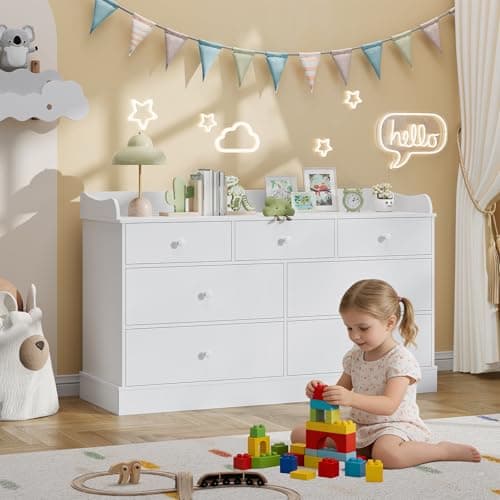 Vabches Kids Dresser Cabinet with 7 Drawers and Large Table Top, Multi-Functional Chest of Drawers, Baby Dresser, Kids Bedroom Furniture, Nightstand for Child’s Room, White 5