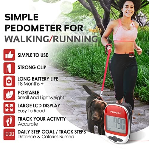 PINGKO Best Pedometer for Walking Accurately Track Steps Multi-Function Portable Sport Pedometers Step/Distance/Calories/Counter - Red… 2