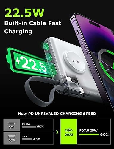 LISEN Magsafe Wireless Power Bank for iPhone 16 Icemag Power Bank, 10000mah Built-in Cable Pack Power Bank Fast Charging 22.5W Portable Charger with Apple Watch Charger Fits iPhone 16 15 14 Pro Plus 7