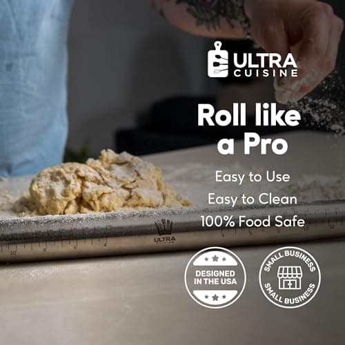Ultra Cuisine French Rolling Pin for Baking – Tapered Stainless Steel Design with Measurements, Professional or Home Use with Pizza, Cookie, & Pastry Dough, or Fondant and Pie Crust – Dishwasher-Safe 5