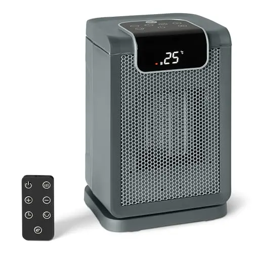 Amazon Basics Space Heater for Indoor Use with PTC Ceramic Technology, 1500W, Remote Control, 70° Oscillation, Digital Display, 5 Heat Modes, 24-Hour Timer, 10-inch, Grey