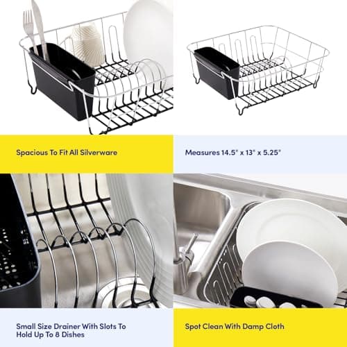 Sweet Home Collection 2 Piece Dish Drying Rack Set Drainer with Utensil Holder Simple Easy to Use Fits in Most Sinks, 14.5" x 13" x 5.25", Black 6