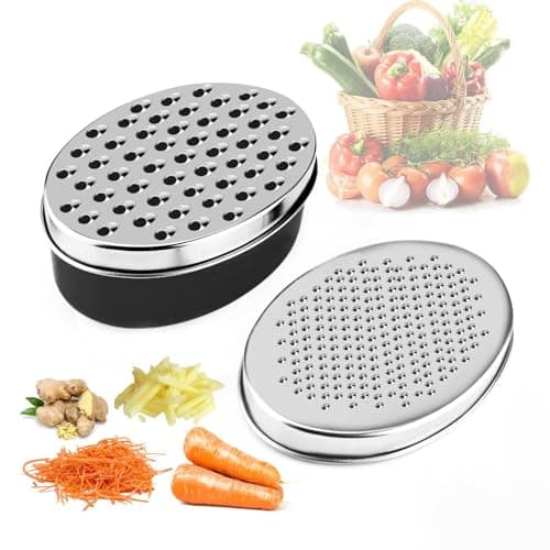 Stainless Steel Cheese Grater with Airtight Storage Container - Box Grater for Kitchen, Shredder for Parmesan, Cheddar, Vegetables, Chocolate, Nutmeg - Includes Lemon for Citrus, Ginger, Butter