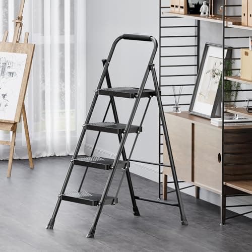KINGRACK Folding 4 Step Ladder, Portable Ladder for Multi-Purpose, Home, Kitchen, Heavy Sturdy Steel Step Stool with Anti-Slip Wide Pedals, Handrail, Safe-Lock Design, Pass 500lbs Load Testing, Black 8