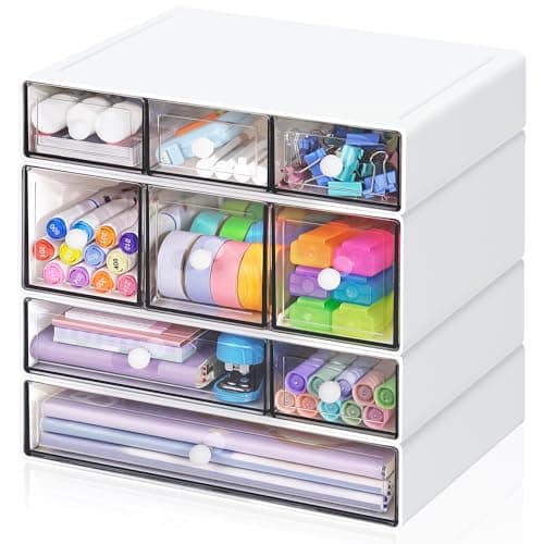 FODIENS Desk Storage Organizer with 9 Drawers, 4 Tiers Stackable Desktop Craft Storage Drawers, Clear Storage Box Caddy for Stationary Makeup Jewelry Office Craft Supplies (White)