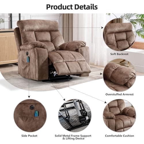CANMOV Large Power Lift Recliner Chair with Massage and Heat for Elderly Big and Tall People, Overstuffed Wide Recliners with 2 Cup Holders, Side Pocket and USB Port, Camel 6