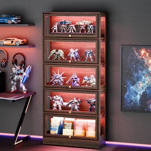 BONITURE Display Cabinet with Acrylic Glass Doors,5-Tiers Curio Cabinet with LED Lighting for Collectibles, Collectibles Toy Organizers Rack & Display Shelf Display Case Storage Cabinet, Walnut