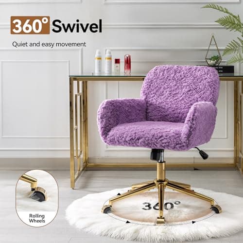 Warmiehomy Furry Cute Office Chair- Modern Swivel Desk Chair with Wheels- Makeup Vanity Chairs with Back - Alpaca Fleece Upholstered Rolling Chairs for Vanity Makeup Room Girls Women Violet 5