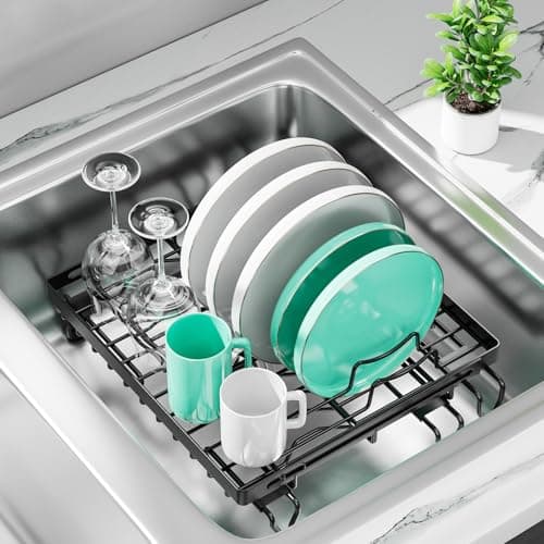 SanDream Over The Sink Dish Rack, Expandable Drainer with Adjustable Legs, Compact Drying Rack for Kitchen Sink (Black)