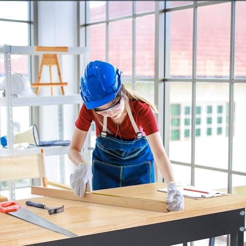 48" Adjustable Work Bench, Rubber Wood Top Workbench Heavy-Duty Work Table with Wheels, 2000 LBS Load Capacity Hardwood Work Benches for Garage, Workshop, Home, Office, Easy Assembly 5