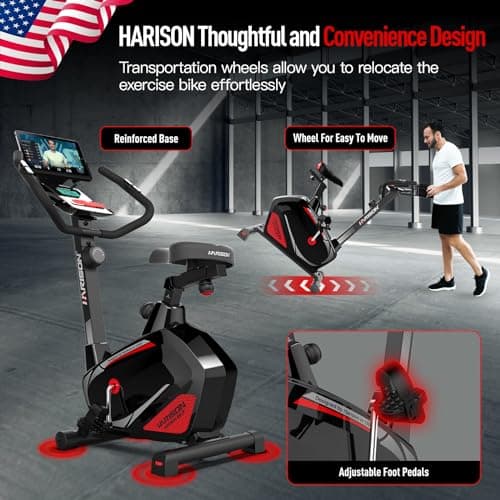 HARISON Exercise Bike for Home Gym with Self-Powered System, Electromagnetic/Magnetic Control Stationary Bikes for Home with 2 in 1 LCD Monitor and Tablet Holder, 350lbs Capacity 6