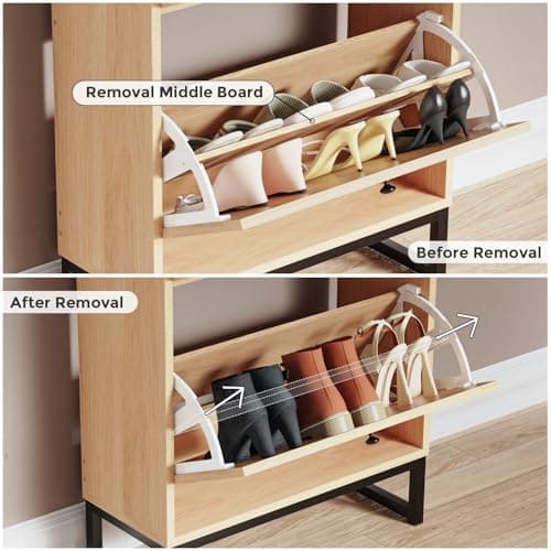 KFO Shoe Cabinet with 2 Handmade Natural Rattan Flip Drawers, Entryway Shoe Rack Storage Organizer for Sneakers, Leather Shoes, Slippers, Free Standing Shoe Racks…… 6