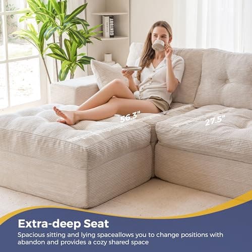MAXYOYO 104" L Shaped Modular Sectional Sofa with Ottoman, Cloud Boneless Couch with Layered Cushion, Upholstered Sofa in a Box, Flexible Module Combination for Living Room, No Assembly, Beige 8