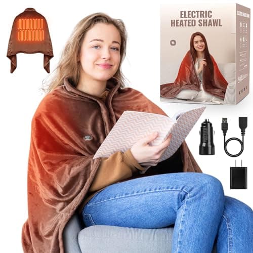 Qfun Portable USB Heated Blanket Shawl - Wearable Cordless Electric for Outdoors, 3 Heating Levels With Car Charger, USB Operated Camping, Brown (Battery Not Included)