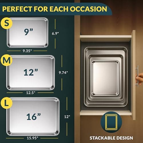 Baker’s Signature Stainless Steel Cookie Sheet Pan, Stainless Steel Baking Sheet Set of 3, Mirror Finish, Non-Stick, Rust Resistant, BPA Free, Dishwasher Safe, 9/12/16 Inch 2