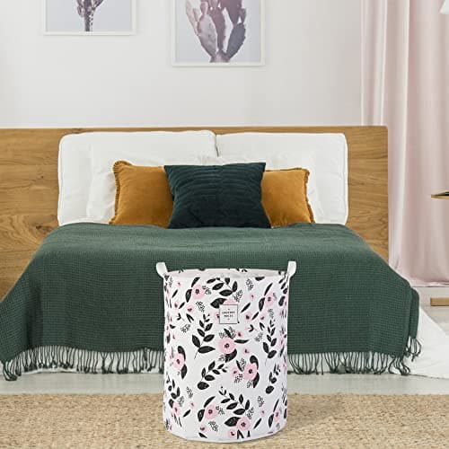 Large Foldable Laundry Basket Hamper Holder Portable Tall Collapsible Laundry Hamper Nusery Storage Basket Bin with Handles, Canvas & Waterproof lining for Household Items (Floral Pink) 7
