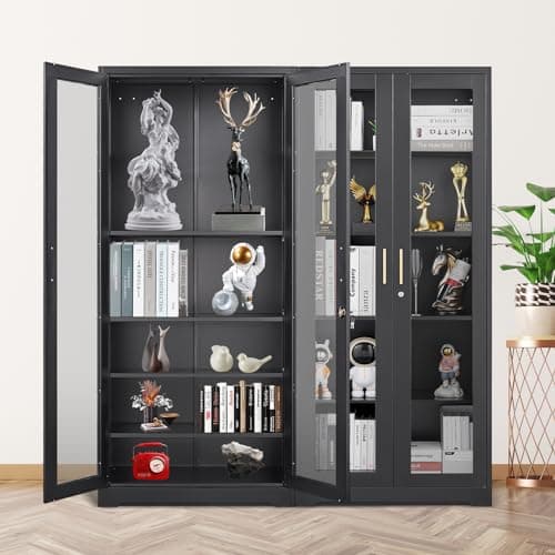 Curio Display Cabinet with Glass Doors,71”H Metal Display Case with 4 Adjustable Shelves - Black China Storage Cabinet for Collectibles, Trophies & Liquor - Locking Tall Glass Cabinet for Home 9