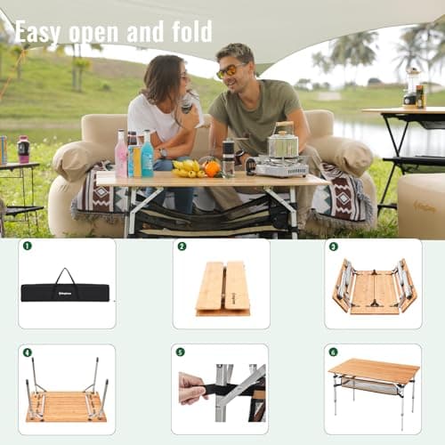 KingCamp Bamboo Folding Camping Table Adjustable. Supports 176lbs with A Premium Bamboo Top and 3 Adjustable Heights, Ideal for Stable Dining or Cooking at Picnics, RVs, and Glamping Sites 7