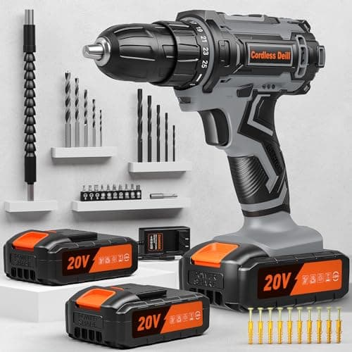 VIWKO 20V Cordless Drill Set, Power Drill Cordless with 2 Batteries and Charger, 3/8 Inch Chuck Electric Drill, 25+1 Torque Setting, 2 Speeds, 370 In-lb Torque, 42Pcs Drill Driver Bits/Screws for DIY