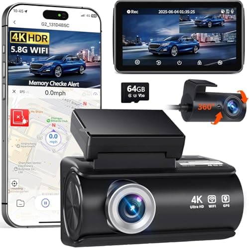 Faninso Dash Cam Front and Rear, 4K Full HD Dual Dash Camera for Cars, Built-in Memory Card Monitoring, 64GB Card, 5G WiFi GPS, Car Camera with 3" IPS Screen, 2160P Night Vision, 24H Parking Monitor