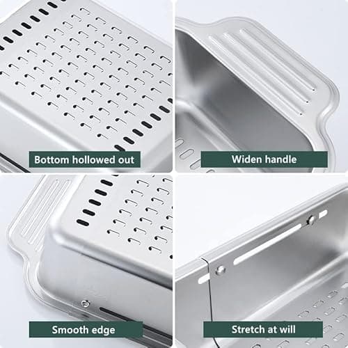 ZDRongZhen Kitchen Supply-Over the Sink Colander Strainer Basket Stainless Steel Retractable Kitchen Sink Basket -Wash Vegetables and Fruits, Drain Pasta and Dry Dishes,Extendable (Medium Silver) 5