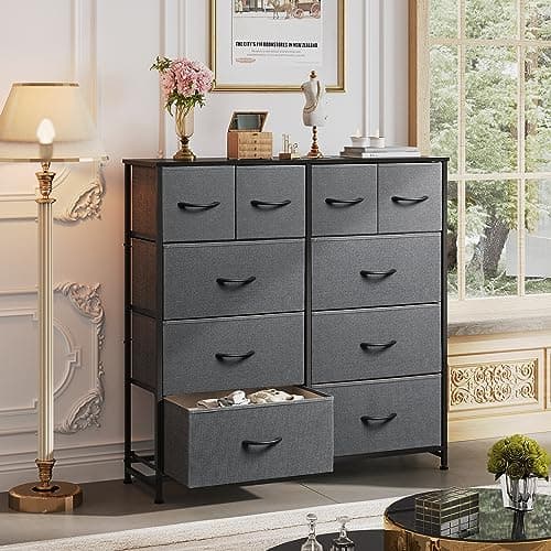 WLIVE Large Dresser for Bedroom, Fabric Dresser with 10 Drawers, Storage Tower with Fabric Bins, Double Dressers, Chest of Drawers for Closet, Living Room, Hallway, Dark Grey 2