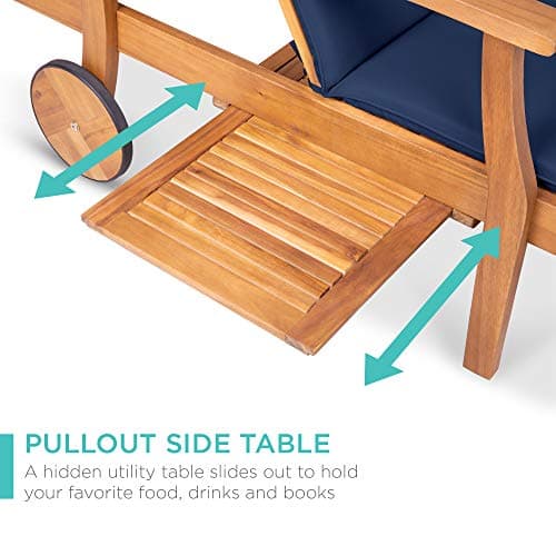 Best Choice Products 79x26in Acacia Wood Chaise Lounge Chair Recliner, Outdoor Furniture for Patio, Poolside w/Slide-Out Side Table, Foam-Padded Cushion, Adjustable Backrest, Wheels - Navy Blue 7