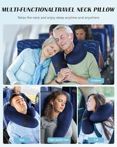 Patented Design Inflatable Travel Neck Pillow – Airplane Neck Pillow with 360° Head & Neck Support, Soft Washable Velvet Cover, Compact Neck Support Pillow for Airplane,Train,Car,Office & Home (Blue) 5