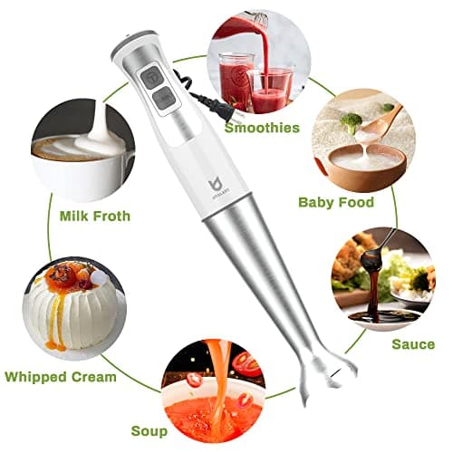 Immersion Hand Blender, UTALENT 5-in-1 8-Speed Immersion Blender with 500ml Food Grinder, 600ml Container,Milk Frother,Egg Whisk,Puree Infant Food, Smoothies, Sauces and Soups - White 5