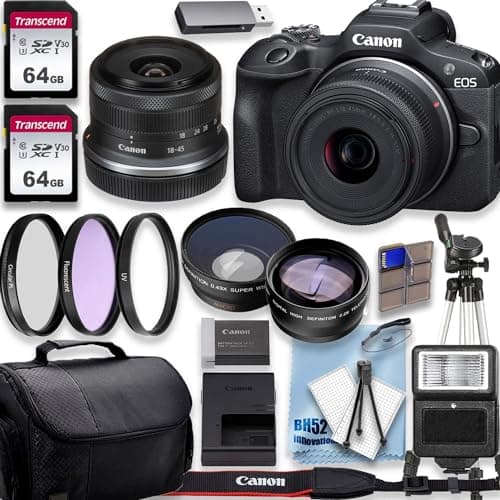 Canon EOS R100 4K Video Recording Mirrorless Camera with 18-45mm Lens, 2 X 64GB Fast Transcend Memory + Deluxe Accessory Bundle, Black (Renewed)