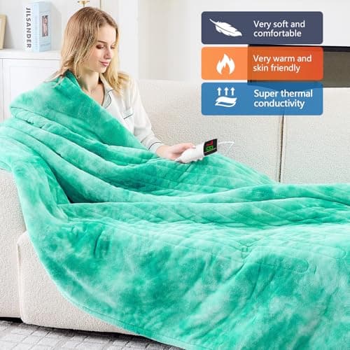 greenoak Heated Electric Blanket Throw, Faux Fur Sherpa Heating Blanket for Sofa Bed, Warm Winter Gifts for Women/Her, Heater Lap Blankets 5-Position Timer &10 Heating Levels 50''*60" Aqua 5