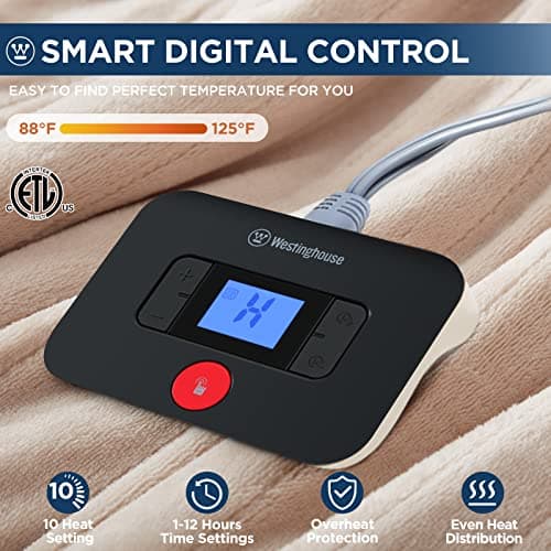 Westinghouse Electric Blanket Full Size, Super Cozy Soft Flannel 80"" x 84"" Heated Blanket with 10 Fast Heating Levels & 1-12 Auto-Off, Machine Washable, ETL&FCC Certification, Beige 5