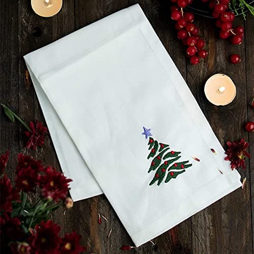 Candy Cottons Christmas Cloth Napkins White Dining Table Dinner Napkins|Washable Cotton Napkins Easter Basket Decor|Christmas Tree Embroidered 18x18 in White Pk of 6 Cocktail Party Napkins