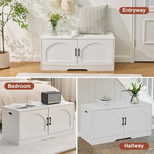 Shoe Bench, Entryway Storage Bench with 2 Doors, Shoe Rack Adjustable Shelves, Shoe Cabinet with Storage, 31.5" W x 13.8" D x 18.1" H for Entryway, Living Room, Hallway, Mudroom, Bedroom, White 9