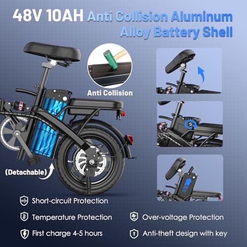 RPINT Electric Bike for Adults and Teens, 740W Peak Motor E-Bike with 30-60 Miles PAS Range, 48V 10AH Removable Battery, 14" Folding Mini Ebike with 20MPH, Electric Bicycle for Commute 5