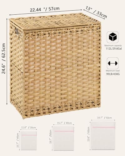 SETVSON Laundry Hamper with Lid Wicker Laundry Basket 112 L (29.6 Gal) Laundry Hampers Handwoven Rattan Clothes Hamper with Handles 3 Removable Liner Bag, 6 Mesh Bags for Bathroom Bedroom Natural 5