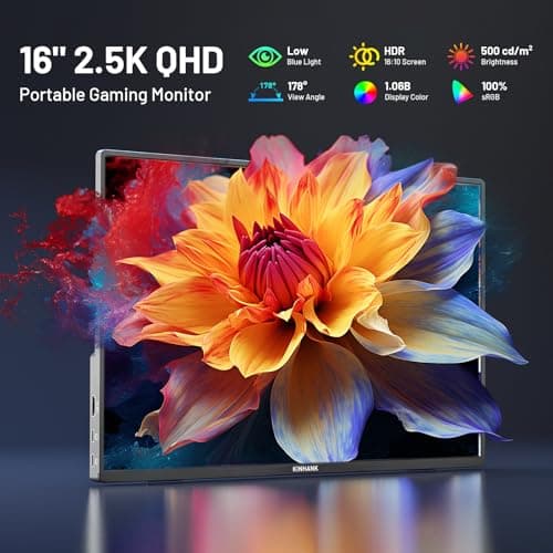 2.5K 144Hz Portable Gaming Monitor 16", 2560x1600, Plug & Play, 100% sRGB, 500nits, 16:10, Eye Care Second Computer Display with Speakers for Laptop, PC, Mac, P-S4/5, Sw-tch, X-BO, USB-C/HDMI, (K16G) 2