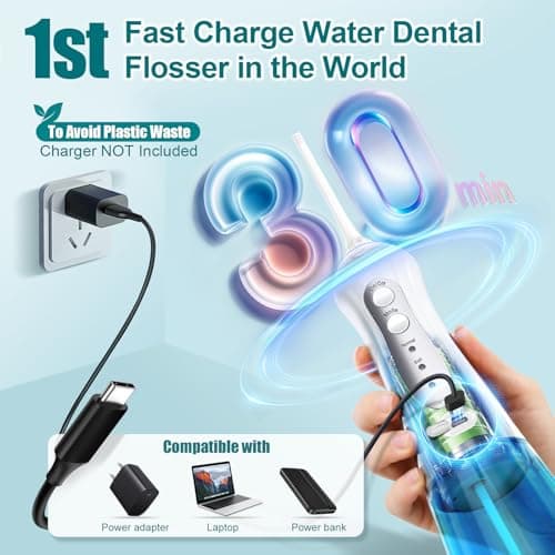 Nicefeel Water Dental Flosser Teeth Pick - Fast Charge Cordless Teeth Cleaner, 3 Modes Portable Oral Irrigator, IPX7 Waterproof Electric Water Dental Flosser for Tonsil Stone, 300ML Tank 6