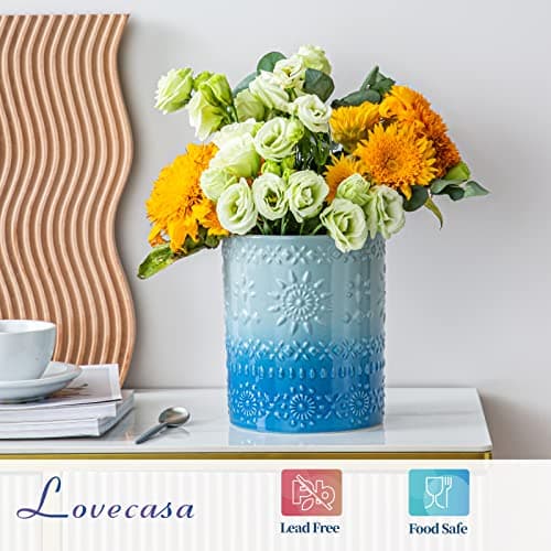 LOVECASA Extra Large Kitchen Utensil Holder, 7.2" Ceramic Farmhouse Utensil Holder For Kitchen Décor Countertop With Heavy And Sturdy Base, Utensil Crock Organizer, Blue 5