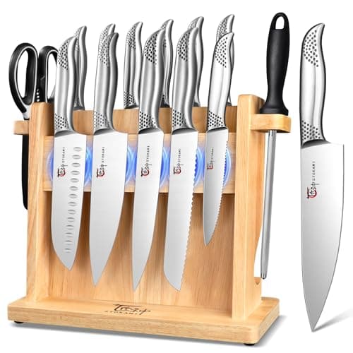 SYOKAMI Japanese Knives Set for Kitchen, Magnetic Knife Set with Block and Sharpener, Stainless Steel Knife Set as Gift for Couple, Wedding, Women or Mom with Gift Box, 14 PCS Black Dot