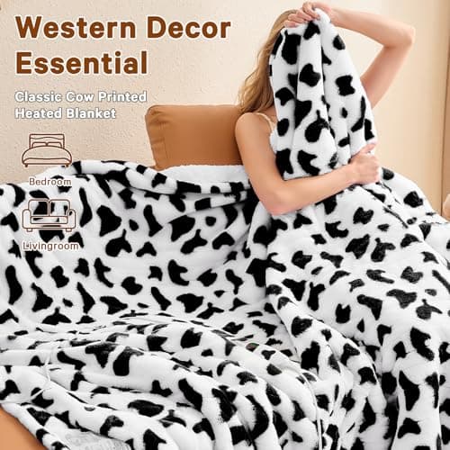 Black Heated Electric Blanket Throw,50X60 Cow Print Heating Blanket with 10 Heats Levels & 8 Hours Auto Off,Cute Cow Decor Stuff Soft Fleece Sherpa Blankets Warmer Gifts for Women Washable 5