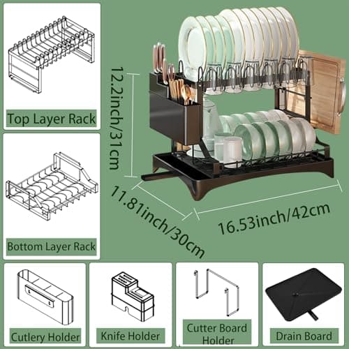 BOOLKER Dish Drying Rack, 2 Tier Dish Racks for Kitchen Counter, Detachable Dish Drainer Organizer with Utensil Holder, Drying Rack with Drain Board, Black, A Mat for Cutting Board 6