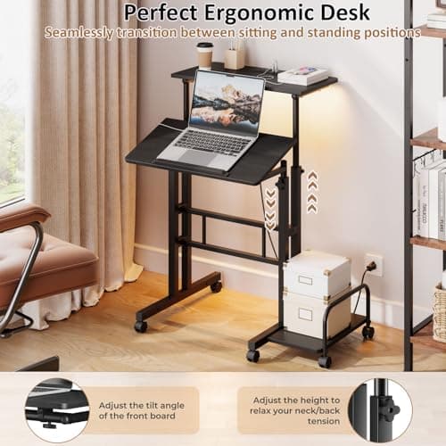 Dripex Mobile Standing Desk with Power Outlets & Strip Lights, Rolling Small Desk, Adjustable Height Laptop Table with Wheels, Portable Sit-Stand Workstation for Home Office 5